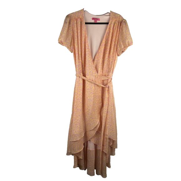 Betsey Johnson Wrap Dress Flowy Sz 10 Pink Leopard Pastel Party Girly Romantic - Picture 1 of 5